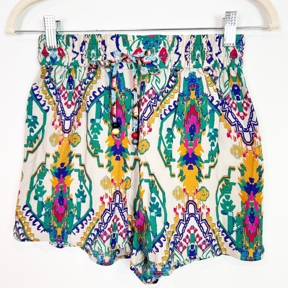 ZARA MULTICOLOR PRINTED SHORTS ELASTIC WAIST GREEN PINK YELLOW SZ XS NEW